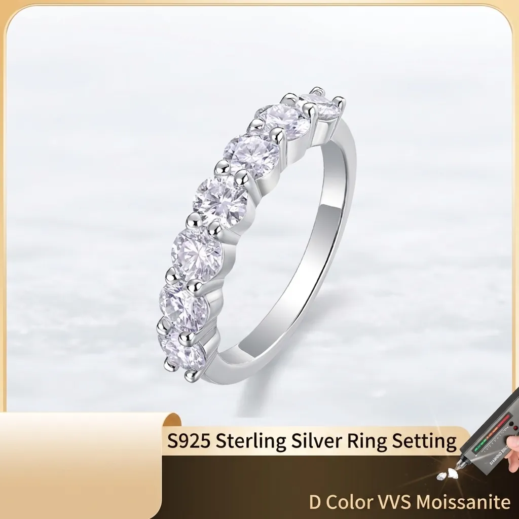 Anello In Argento Sterling 925 Moissanite Fila Taglio Tondo Placcato Oro Diciotto K Fedina Eternità Gioie Per Donna