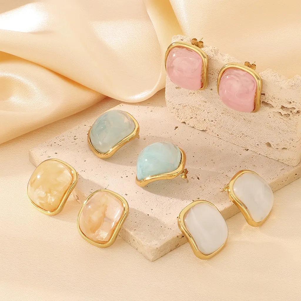 Boucles D'oreilles Puces Géométriques Carrées En Acier Inoxydable Avec Incrustation De Résine Colorée Bijoux De Mode Pour Femmes