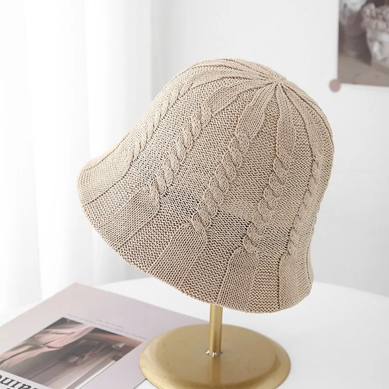 Women's Knitted Bucket Hat Hollow Out Breathable Cable Knit Stripe Fisherman Hat Summer Sun Protection Casual Chic