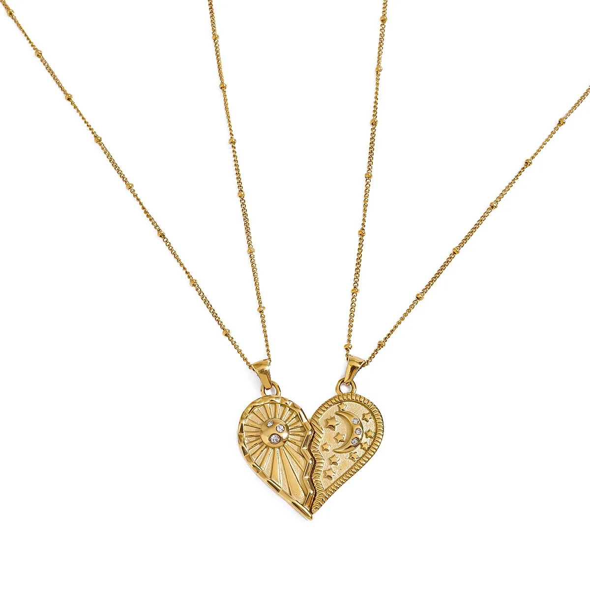 Parure de Colliers Pendentif Cœur Soleil Lune Étoile en Acier Inoxydable Plaqué Or 18K Strass Bijoux pour Femmes