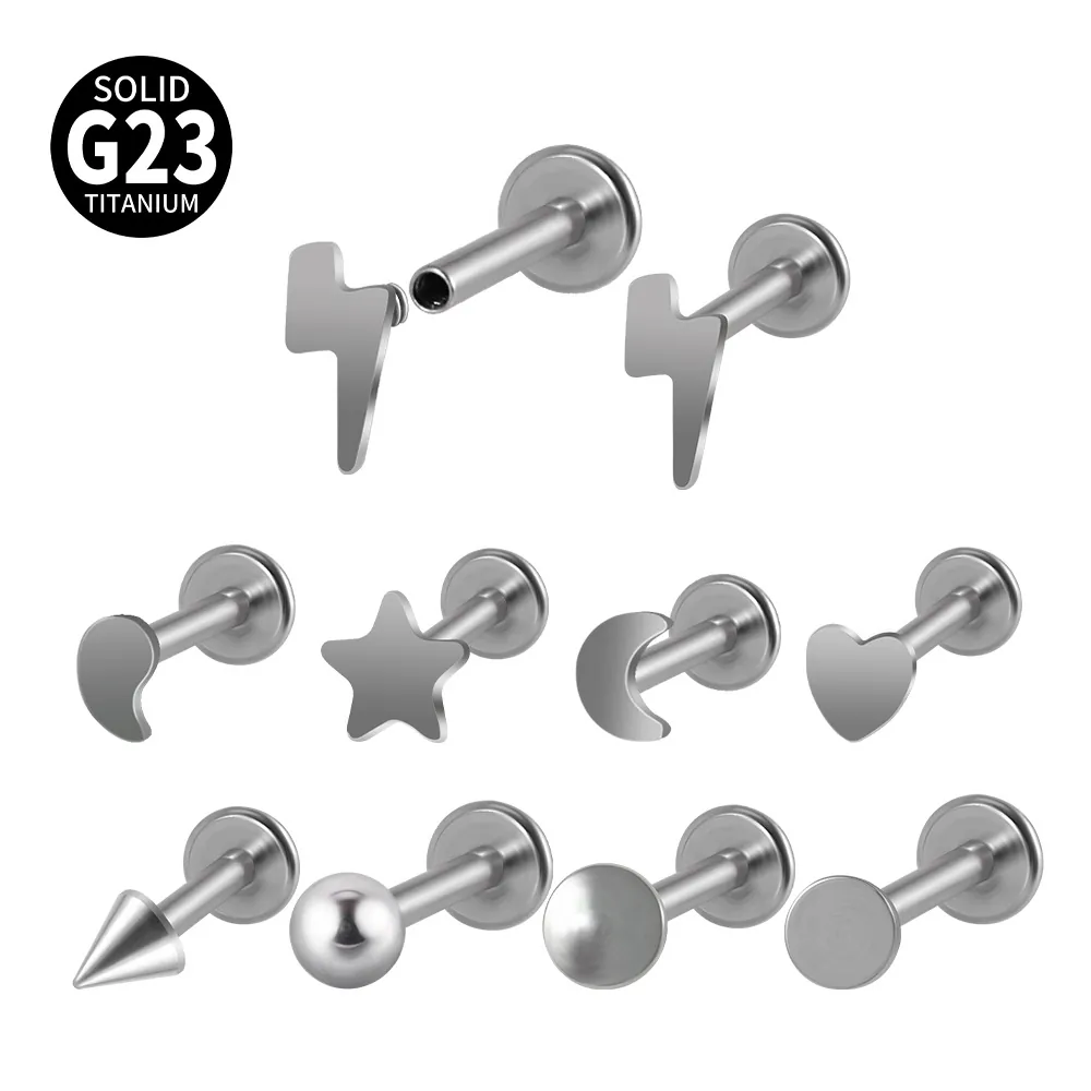 Solid G23 Titanium Labret Stud Internal Thread Lip Ring Ear Cartilage Tragus Piercing Star Moon Heart Lightning Jewelry