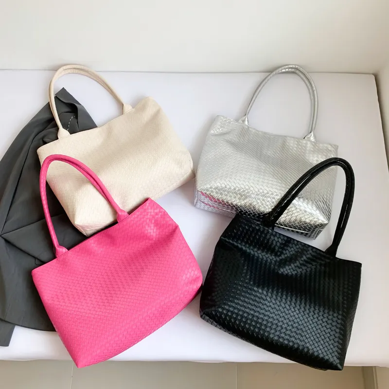 Woven Tote Bag PU Leather Large Capacity Casual Commuter Shoulder Handbag For Women
