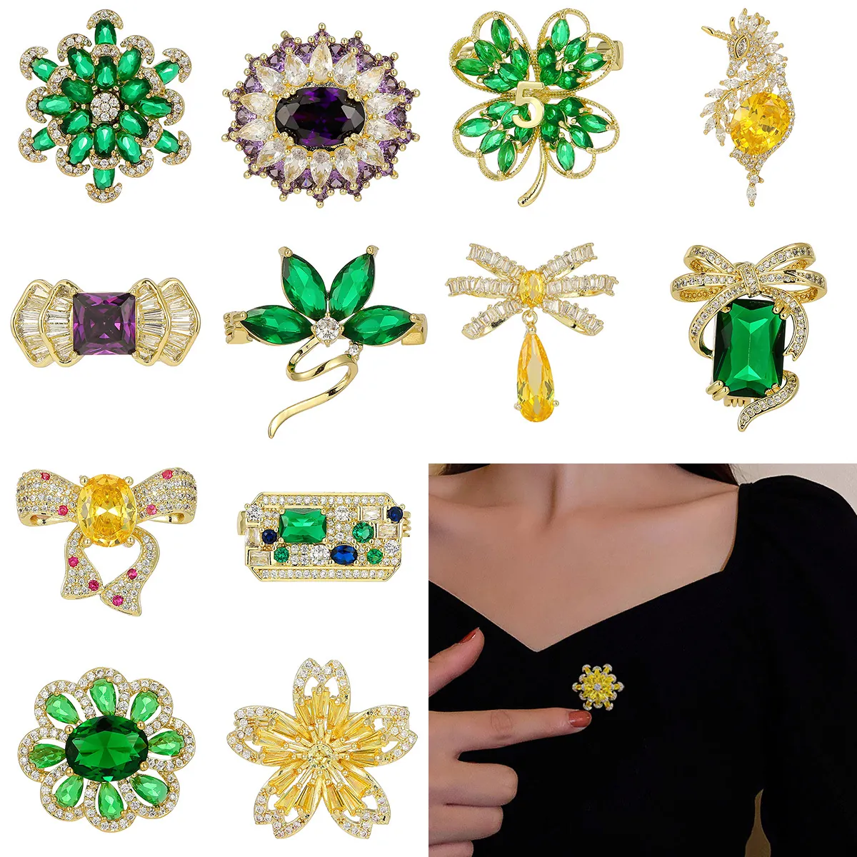 Elegant Copper Zircon Flower Bowknot Brooch Pin For Women Vintage Crystal Rhinestone Corsage Suit Accessory Jewelry Gift