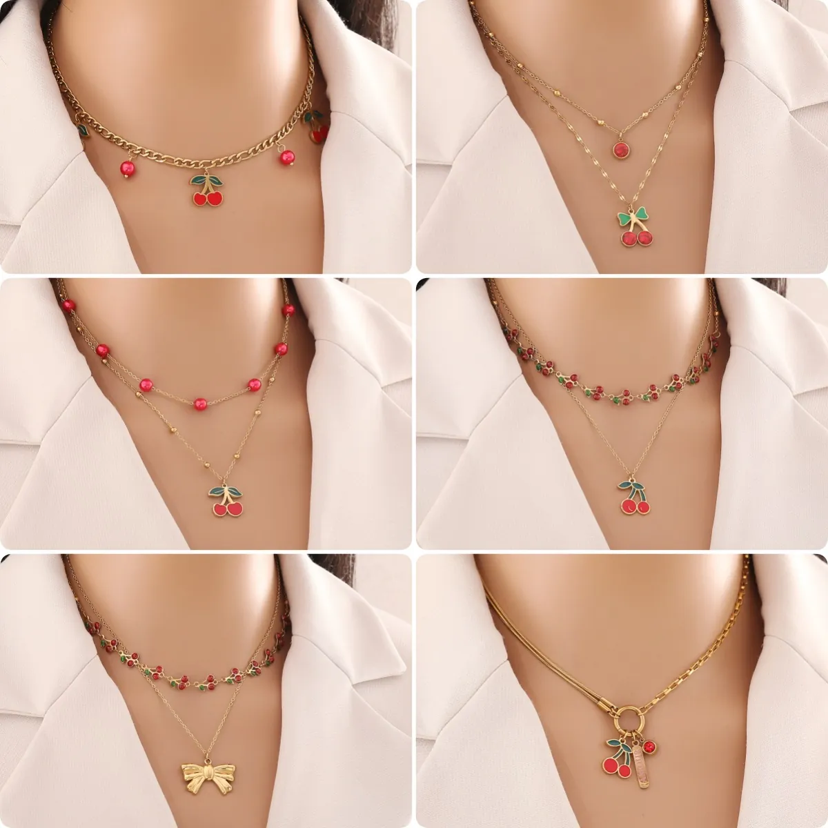 Collier Pendentif Cerise Acier Inoxydable Superposé Bijoux Mignon Fruits Noeud Design Avec Inscription Pour Femmes Filles