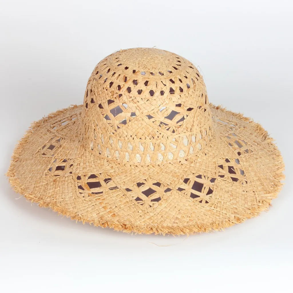 Raffia Straw Wide Brim Sun Hat For Women Hollow Out Breathable Beach Vacation Summer Elegant Frayed Edges