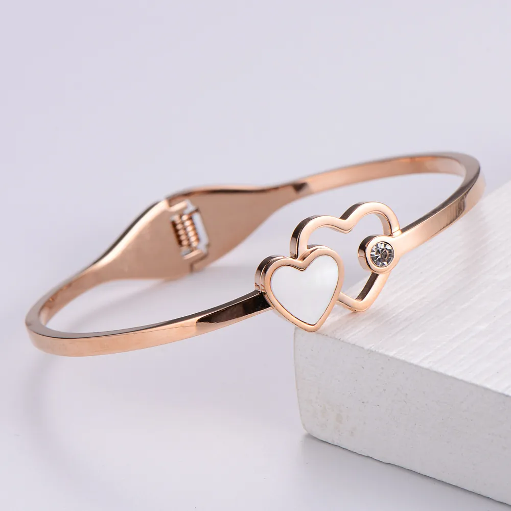 Interlocking Heart Mother Of Artificial Pearl Stainless Steel Bangle Bracelet For Women Elegant Hollow Design With Cubic Zirconia