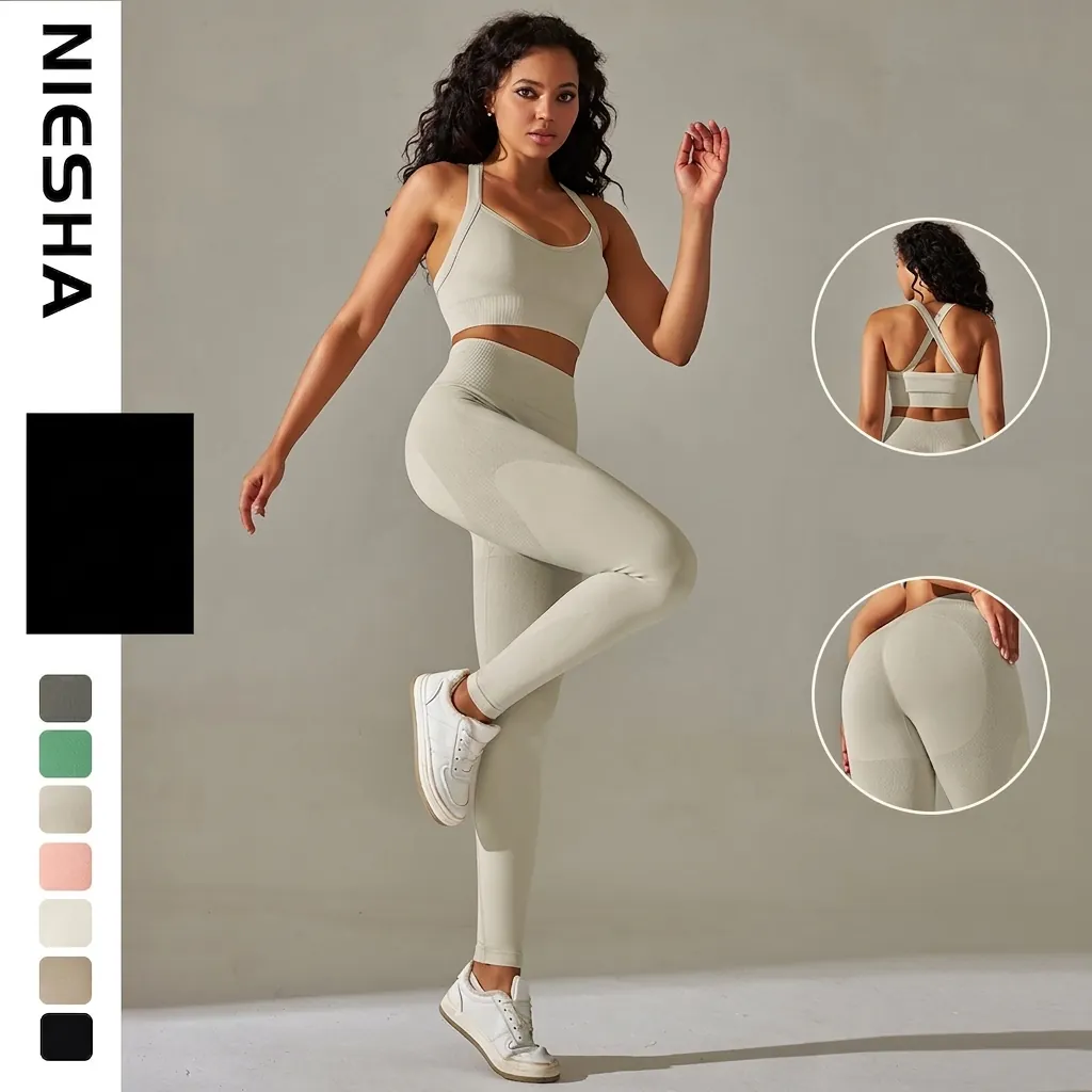 Damen Nahtloses Yoga-Set Nylon Elasthan Hohe Taille Bauchkontrolle Leggings Überkreuzter Rücken Sport-BH Top And Bottom
