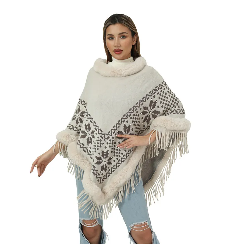 Women's Faux Cashmere Knit Poncho Shawl With Artificial Fur Collar Snowflake Jacquard Tassel Hem Winter Warm Cloak Top