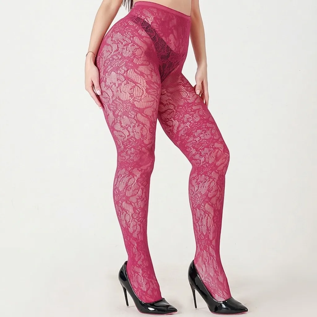 Women Plus Size Floral Lace Fishnet Tights Hollow Out Jacquard Sexy Hosiery Nylon Spandex High Elasticity Stockings