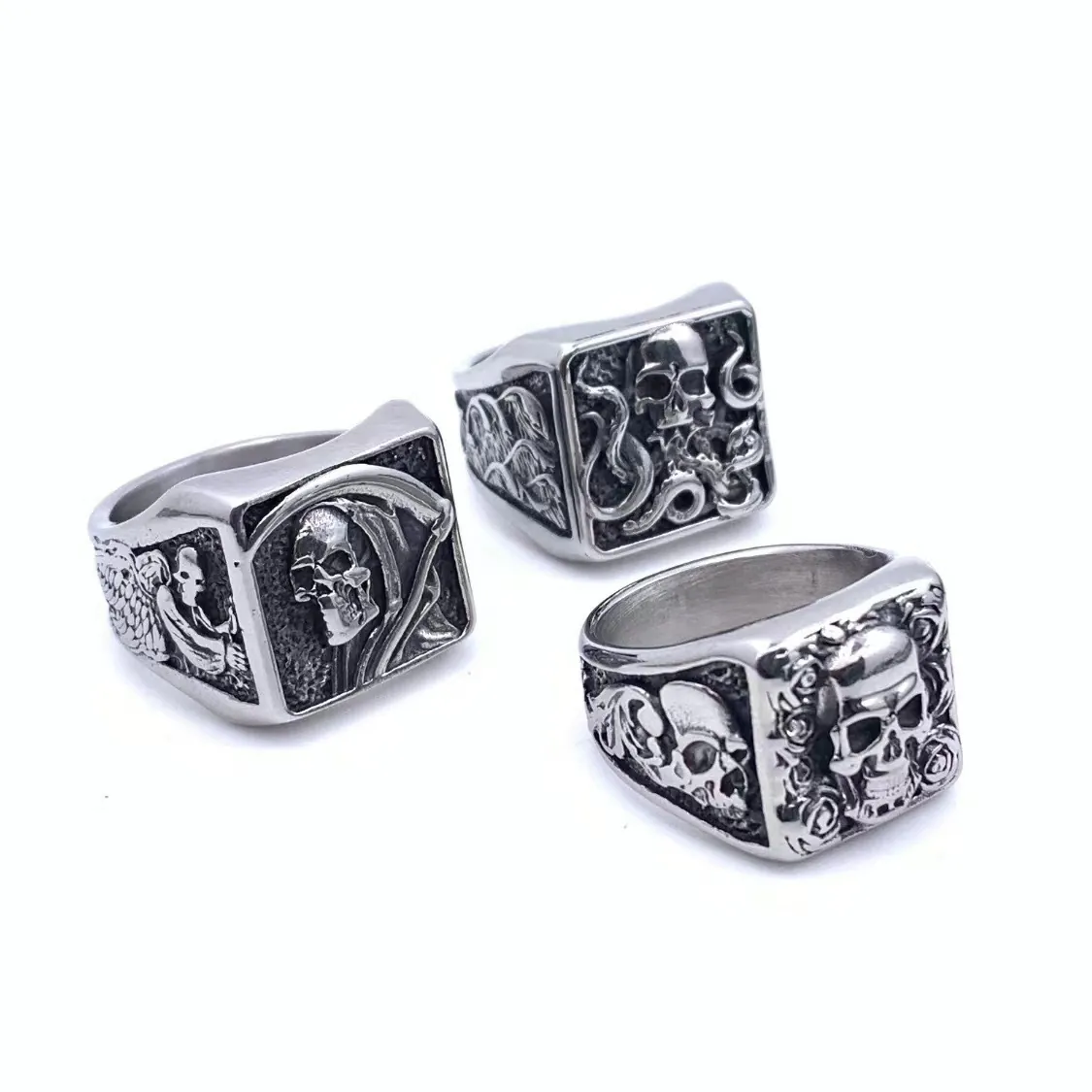 Gothic Punk Skull Ring For Men Vintage Titanium Stainless Steel Grim Reaper Rose Octopus Embossed Distressed Jewelry