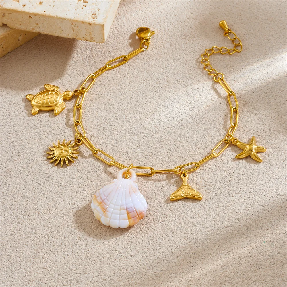 Edelstahl Charm Armband Mit Meeresschildkröte Seestern Sonne Muschel Anhänger Böhmischer Strand Damen Schmuck