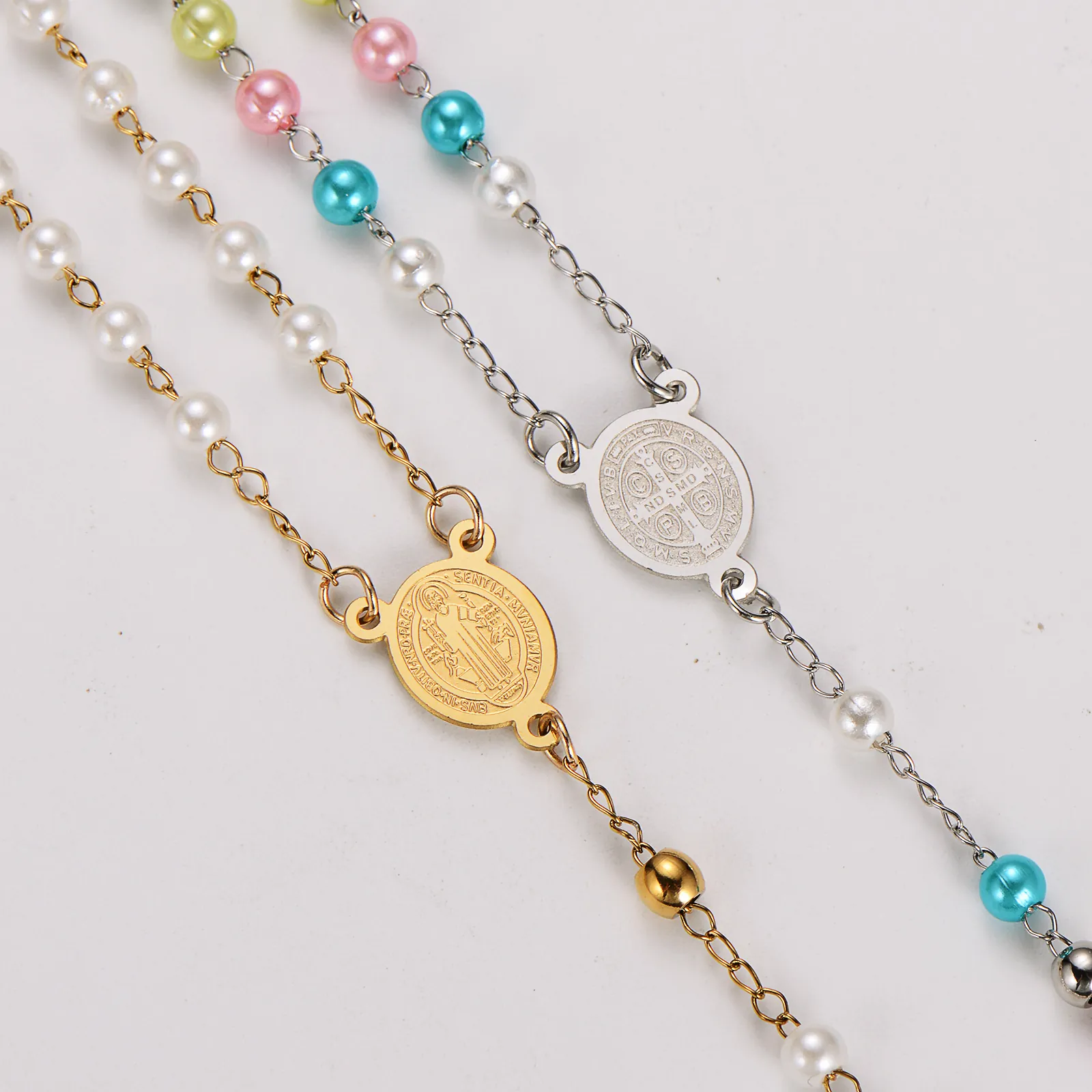 Stainless Steel Rosary Necklace Featuring Colorful Faux Artificial Pearls And Cross Pendant With St Benedict Medal Religious Jewelry