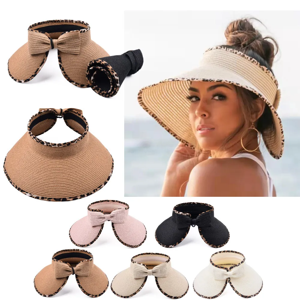 Women Open Top Straw Hat Leopard Print Large Brim Sun Visor With Bowknot Foldable Beach Summer Outdoor