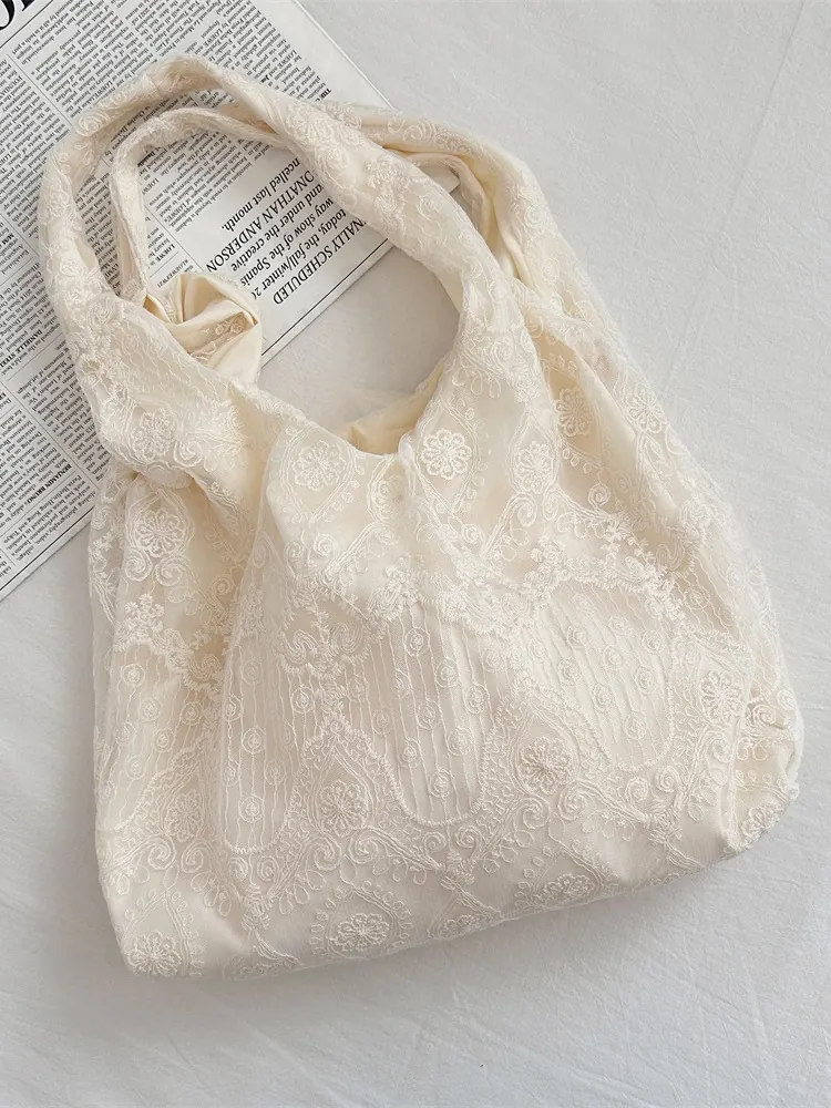 Floral Lace Embroidery Tote Bag Hollow Out Romantic Korean Style Gentle Shoulder Shopper Handbag For Women Students