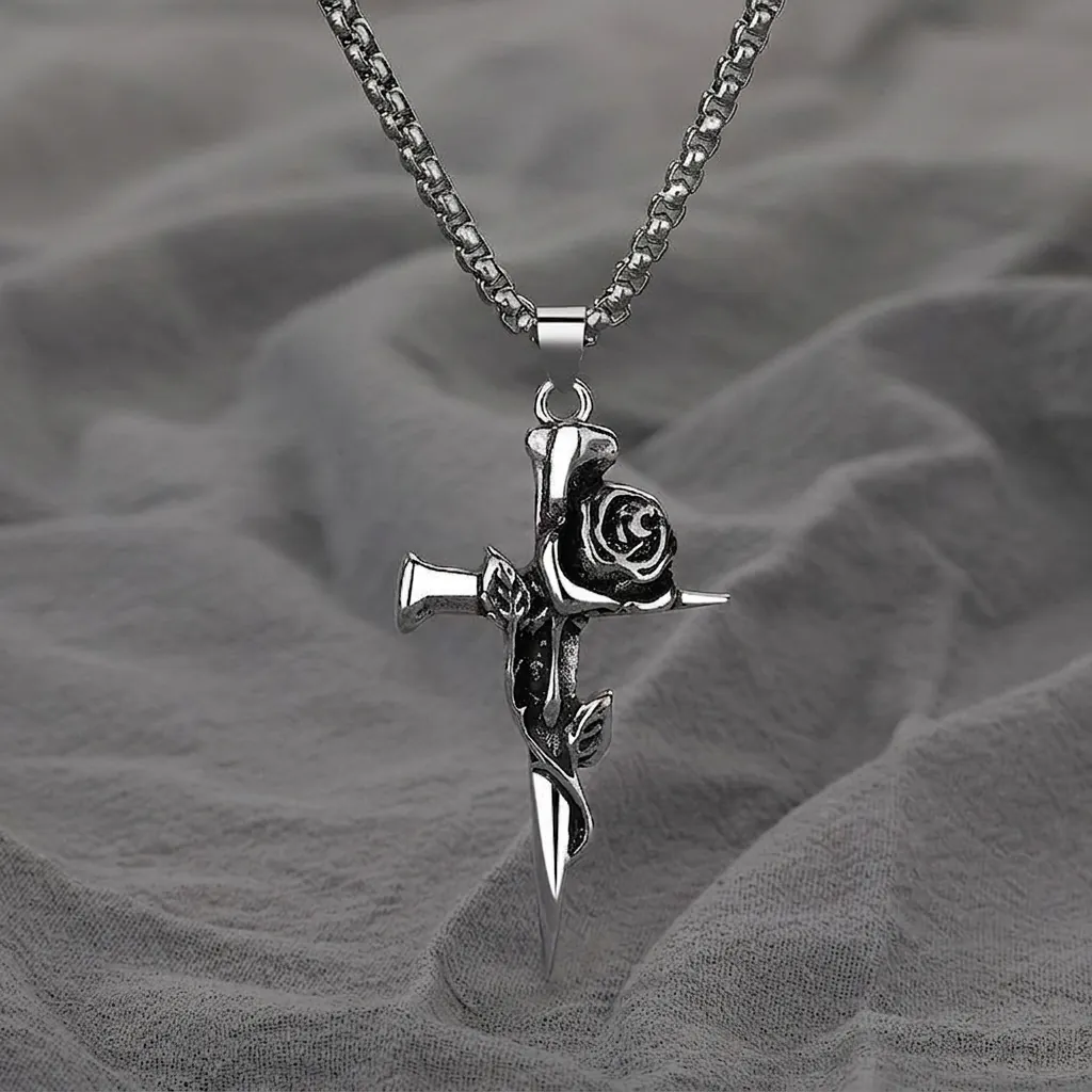 Gothic Rose Cross Pendant Necklace Alloy Pendant Titanium Steel Chain Vintage Punk Style Jewelry For Men Women