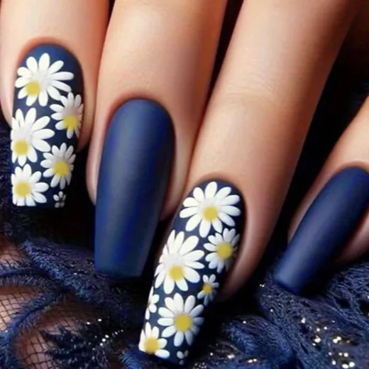 Matte Dark Blue Press On Nails Coffin Shape Fake Nails White Daisy Floral Pattern Simple Elegant Manicure For Women