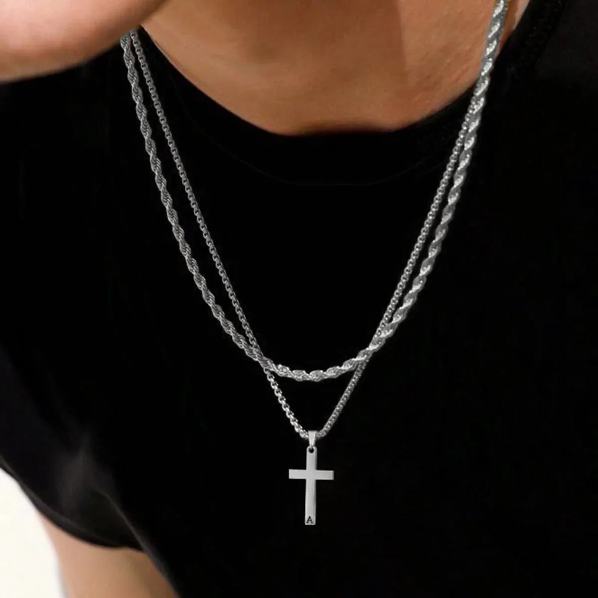 Layered Cross Pendant Necklace Stainless Steel Box And Twist Chain Engraved Initial Letter Religious Jewelry Men Women