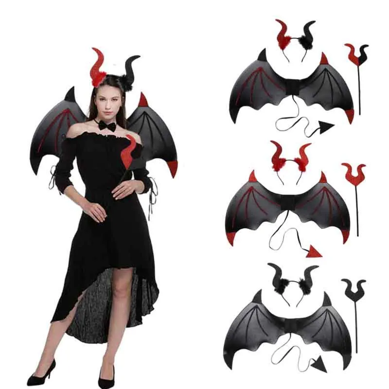 Devil Wings With Horn Headband And Tail And Trident Halloween Cosplay Props Glitter Sequins Costume Accessories Adults Kids