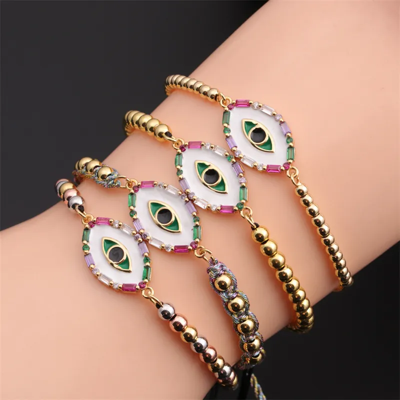 Bracelet Œil De Turc Cuivre Plaqué Or Avec Zircon Coloré Émail Réglable Chaîne Tressée Bijoux Bohèmes