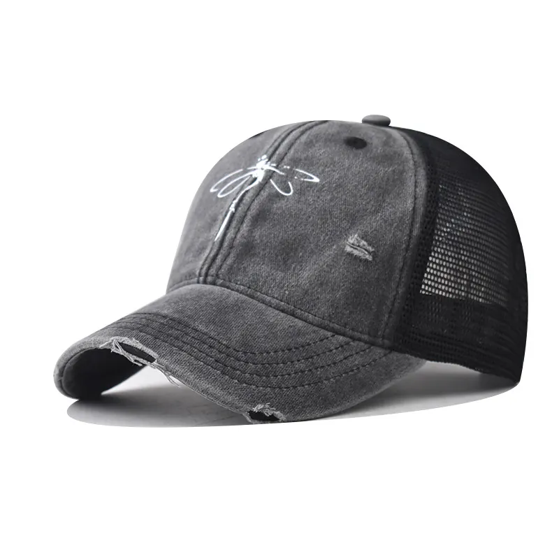 Cappello Da Baseball In Cotone Lavato Vintage Rete Posteriore Distressed Ricamo Farfalla Regolabile Retro Trucker