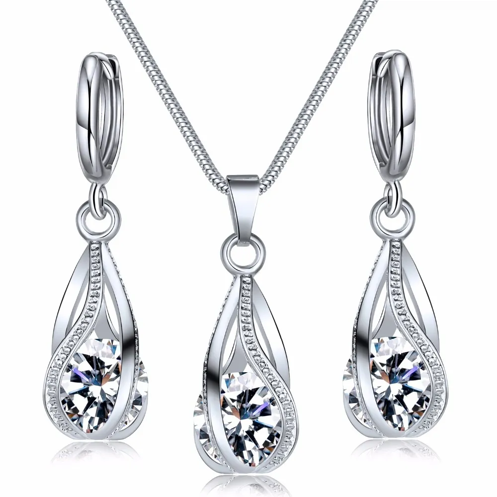 Teardrop Necklace And Earrings Copper Zircon Crystal Hollow Rotating Jewelry For Women Retro Elegant Fashion