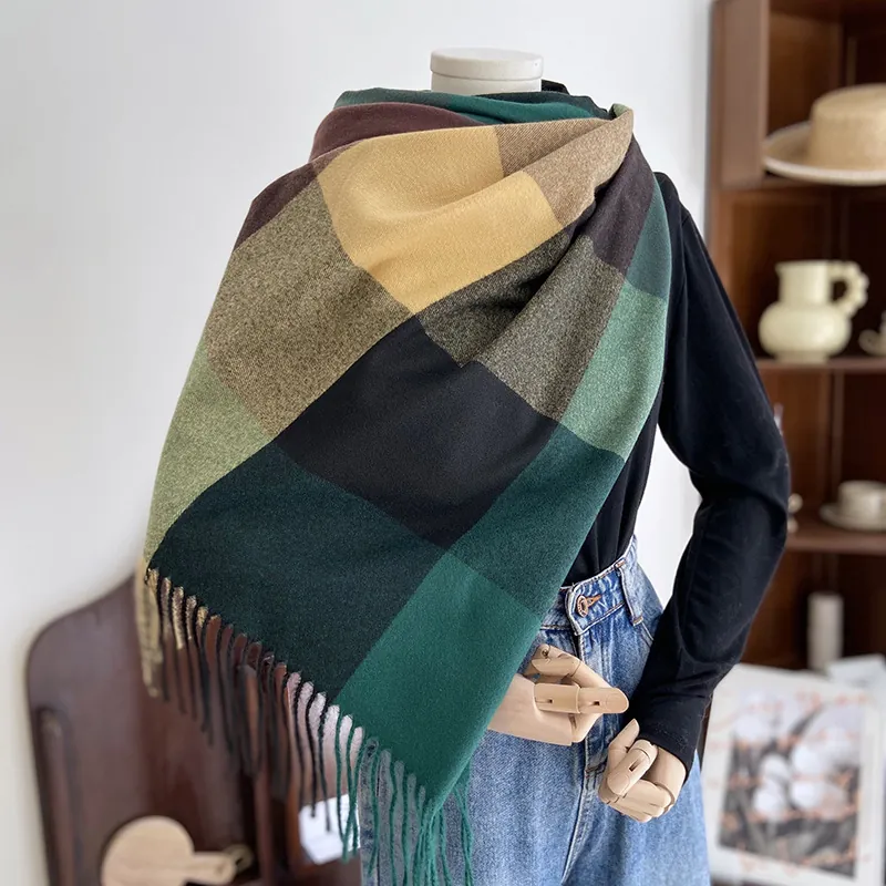 Large Plaid Winter Scarf For Women Thick Warm Imitation Cashmere Shawl Wrap With Tassels Soft Elegant