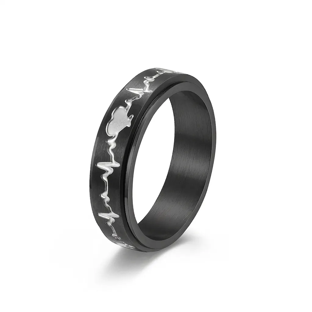 Bague Spinner En Acier Inoxydable ECG Battement De Coeur Rotative Bijoux Anti Stress Motif Coeur Pour Couples