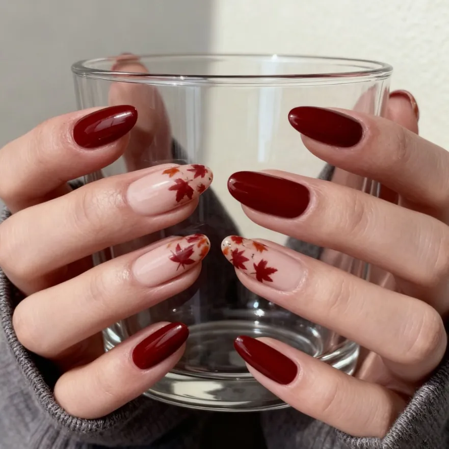 Press On Nails Almond Shape Autumn Maple Leaf Pattern Burgundy Red Glossy Artificial Fingernails For Women French Style