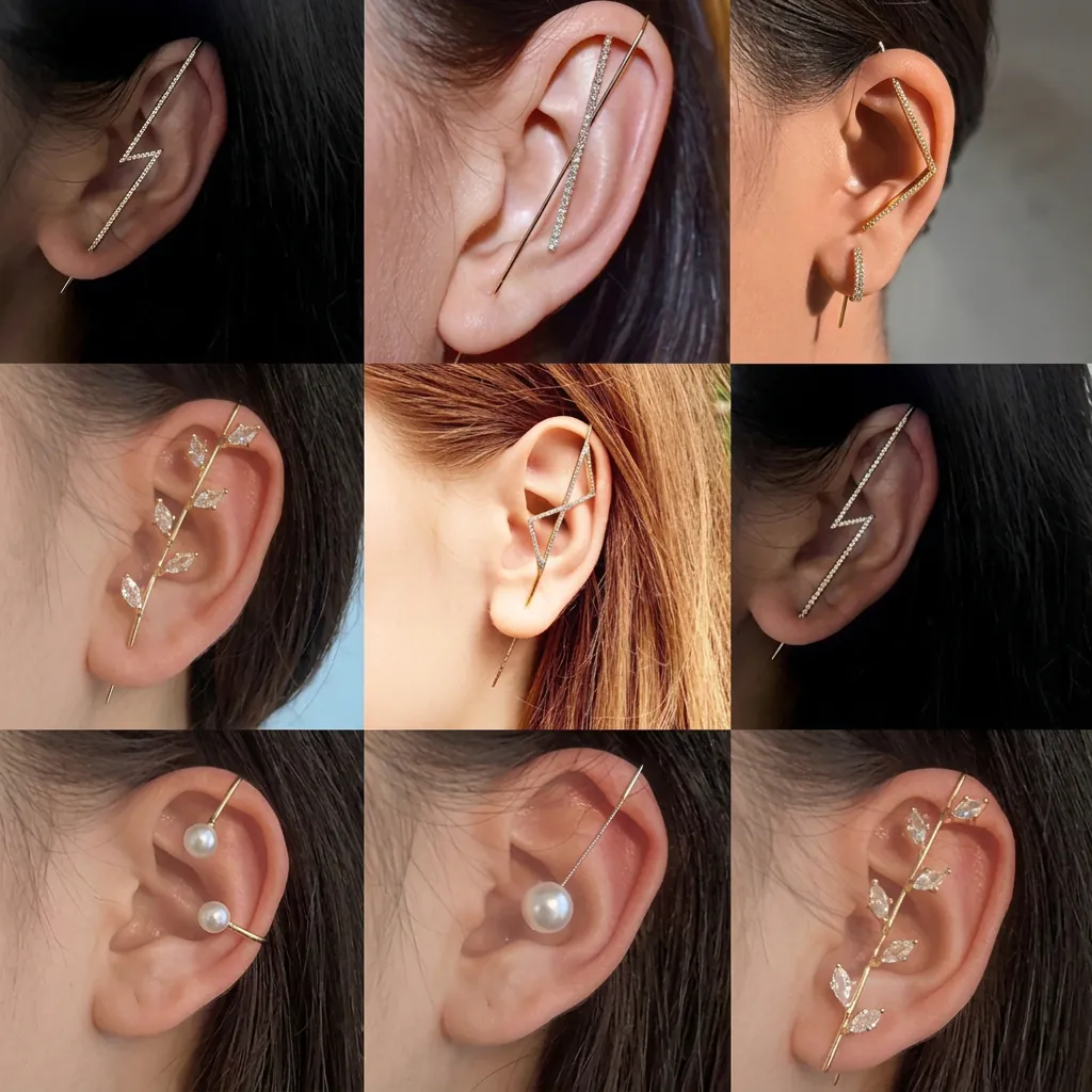 Copper Zirconia Ear Climber Crawler Earrings For Women Stainless Steel Post Geometric Leaf Butterfly Heart Shape Jewelry Gift