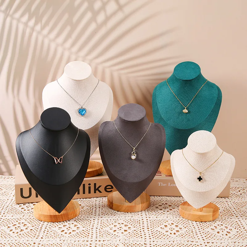 Necklace Display Stand Portrait Bust Solid Wood Base Velvet Jewelry Holder For Countertop Retail Storage Organizer