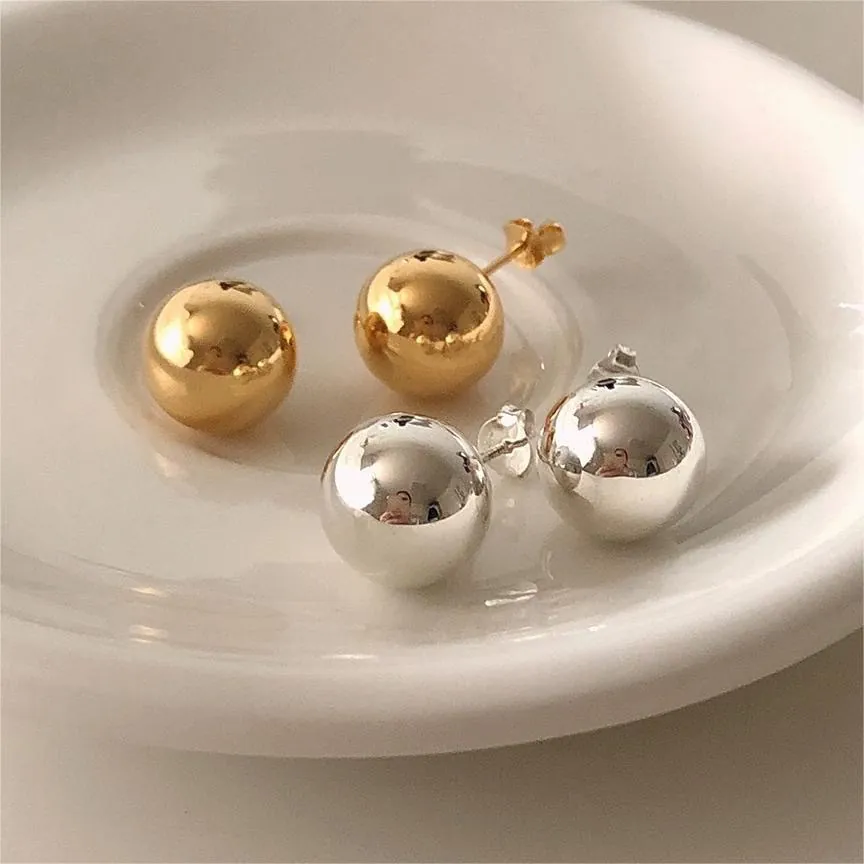 925 Sterling Silver Ball Stud Earrings Minimalist French Retro 12mm Spherical Jewelry For Women Gold Silver Artificial Pearl