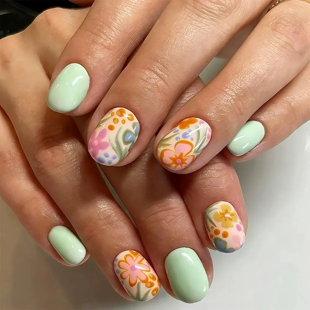 Glossy Short Square Press On Nails Mint Green Floral Leaf Print Artificial False Nails For Women Daily Manicure