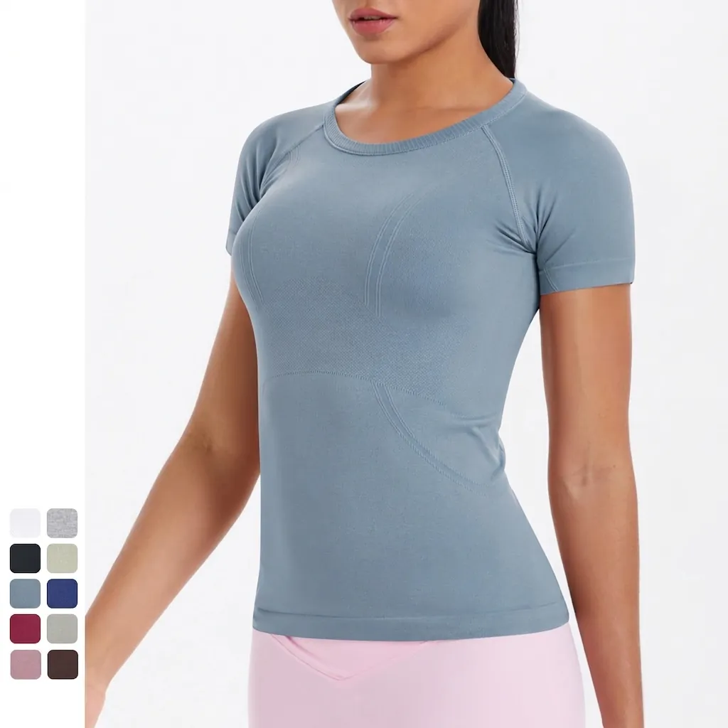 Maglietta Sportiva da Donna a Maniche Corte Slim Fit Top per Yoga Corsa Traspirante Nylon Elastan Maglia Senza Cuciture