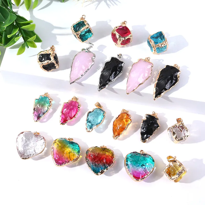 Colorful Crystal Pendant Necklace Heart Cube Arrowhead Shape Glass Alloy Gold Plated Edging Boho Jewelry For Women