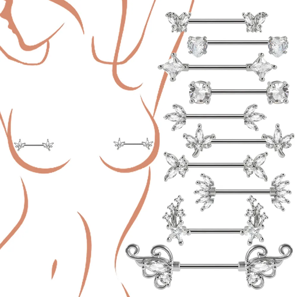 Nipple Rings Barbell Stainless Steel Zircon Heart Butterfly Flower Body Piercing Jewelry For Women Elegant Copper