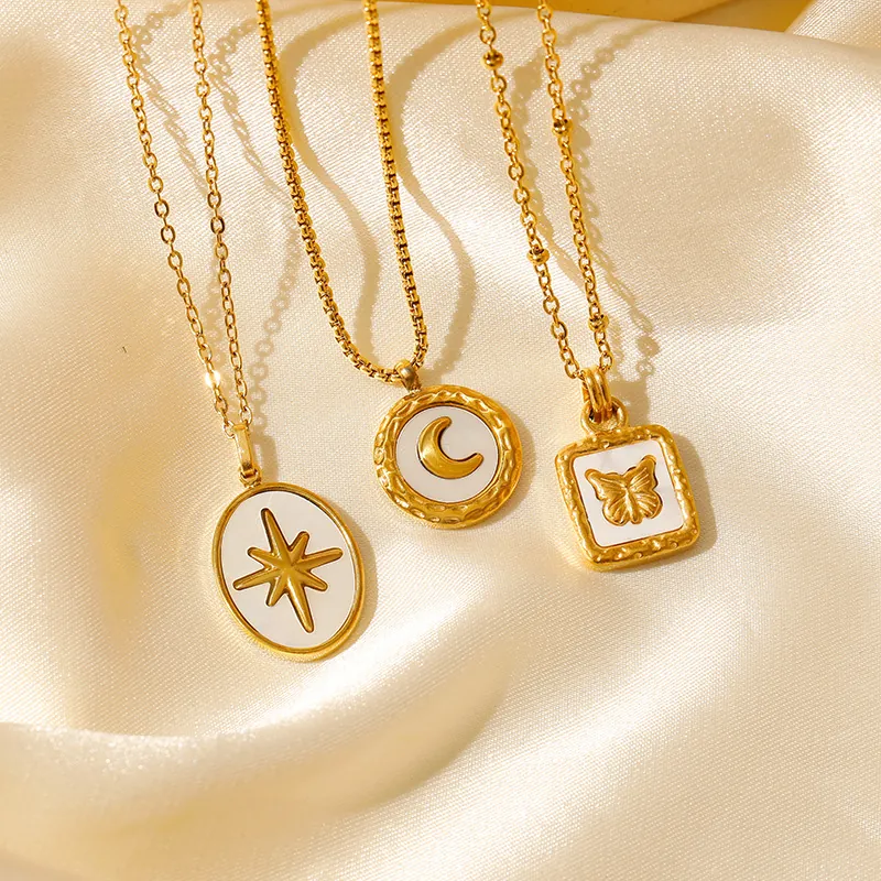 Collana Con Pendente Farfalla Luna Stella Placcato Oro 18K Acciaio Inossidabile Conchiglia Smalto Gioielli Donne