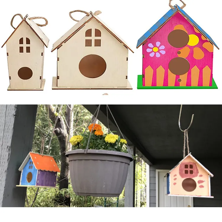 DIY Wooden Birdhouse Blank Paintable Craft Kit Natural Wood Decorative Small House Model Desktop Ornament