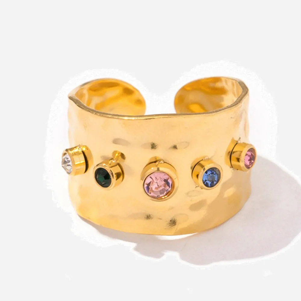 Hammerschlag-Ring Aus Edelstahl Mit Bunten Zirkonia 18K Vergoldet Verstellbar Breit Retro Böhmischer Schmuck Für Damen