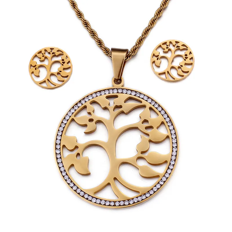 Parure De Bijoux Arbre De Vie Creux En Acier Inoxydable Plaqué Or 18K Avec Collier En Strass Et Boucles D'oreilles