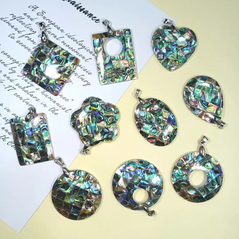 Abalone Muschel Mosaik Anhänger Schillernder Geometrischer Muschel Anhänger Natürlicher Perlmuttschmuck Vintage Stil Für Damen