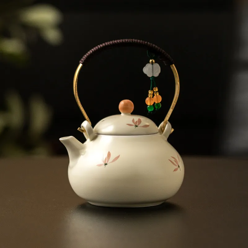 Ceramic Teapot Chinese Style Lifting Metal Handle Tied Rope Pink Orchid Flower Pattern Tea Pot Home Office Decor With Jade Pendant