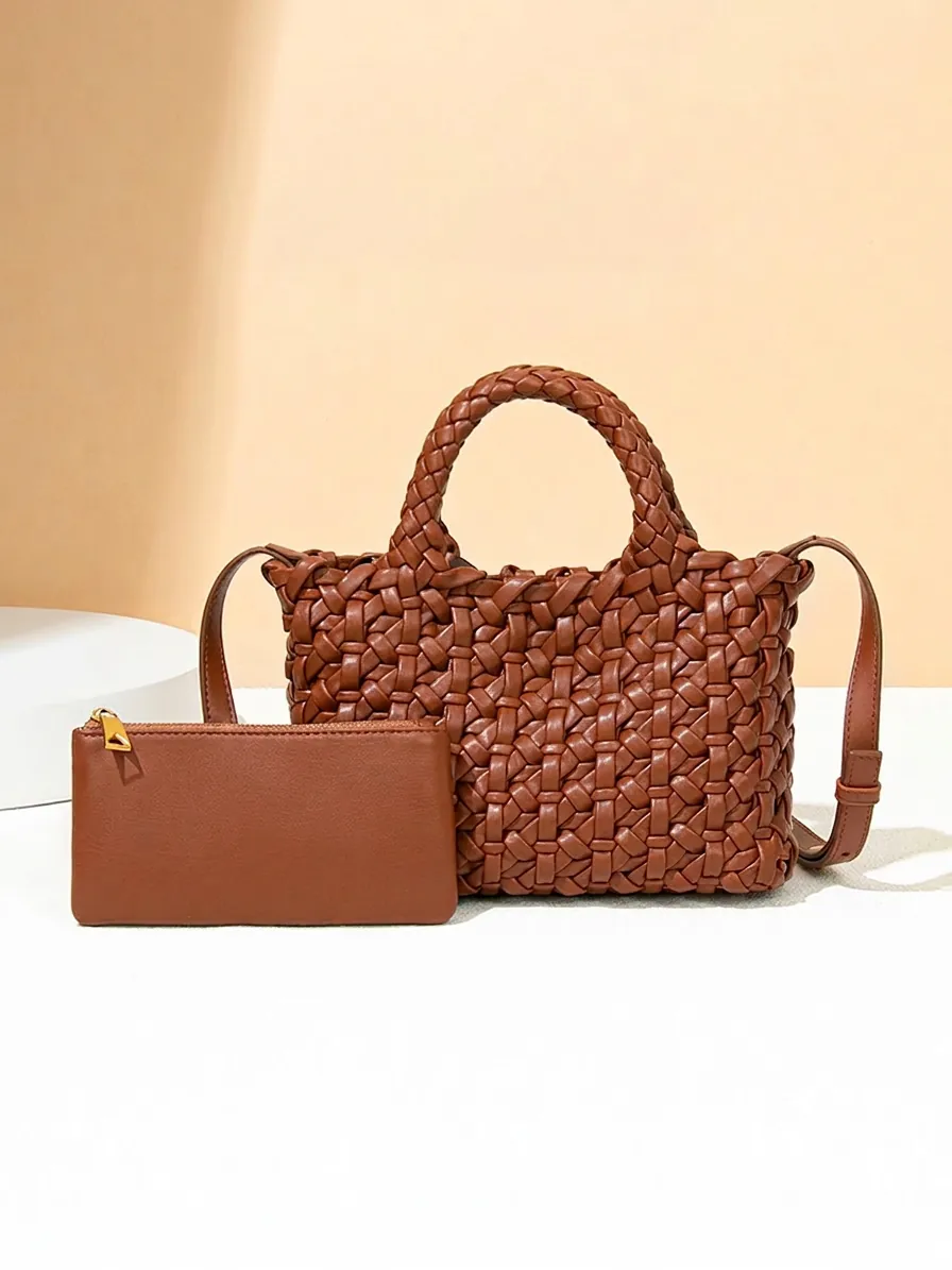 Women Woven PU Leather Handbag Retro Niche Tote Bag And Pouch Detachable Shoulder Strap Crossbody Bag Elegant Solid