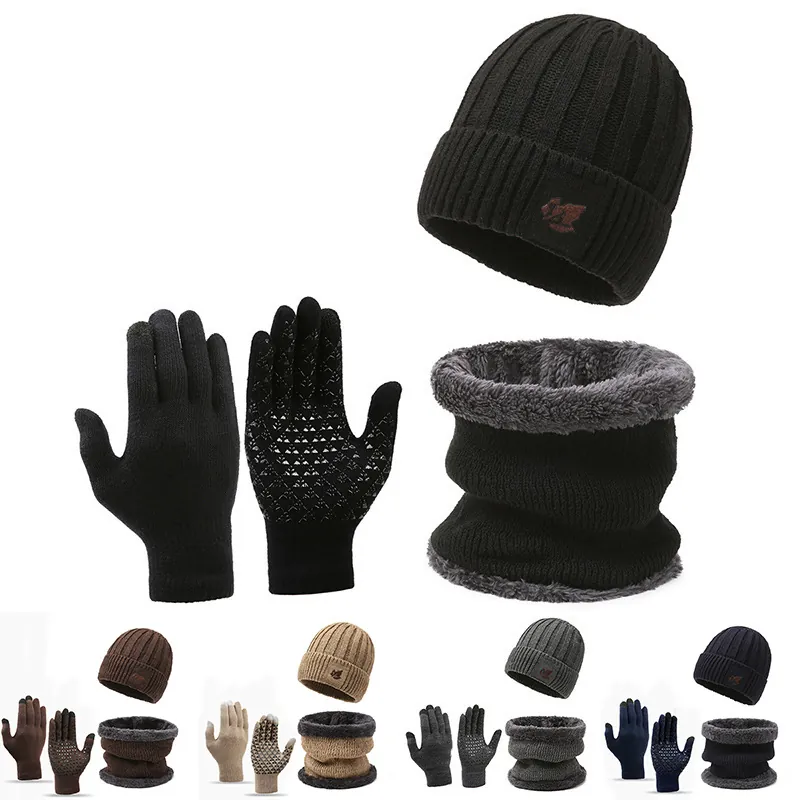 Winter Knit Beanie Scarf Gloves Polyester Fleece Lined Warm Outdoor Cycling Touchscreen Non-Slip Men Women