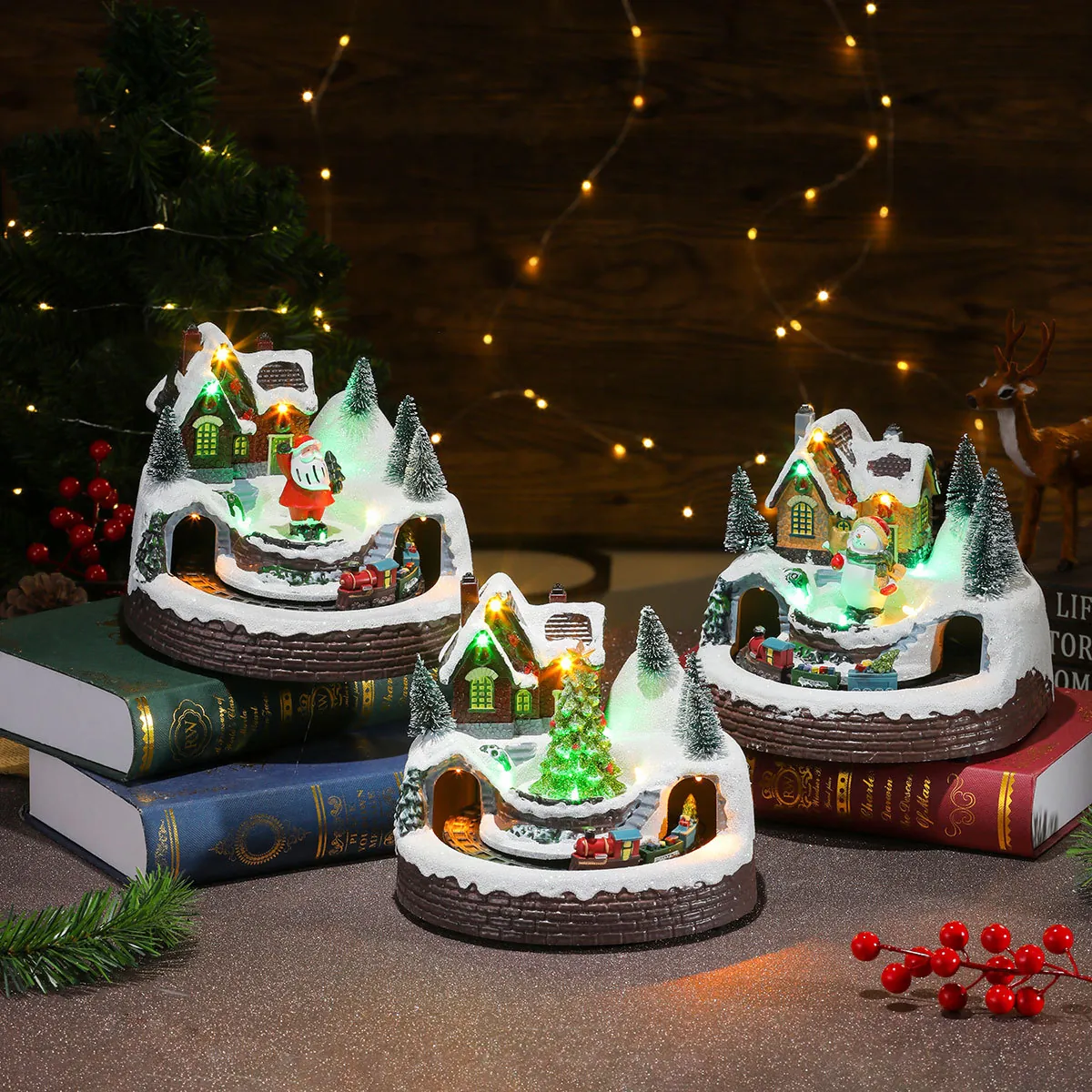 Musical Christmas Snow Village Scene Resin Rotating Train Ornament With Led Light And Music Festive Home Decor Gift