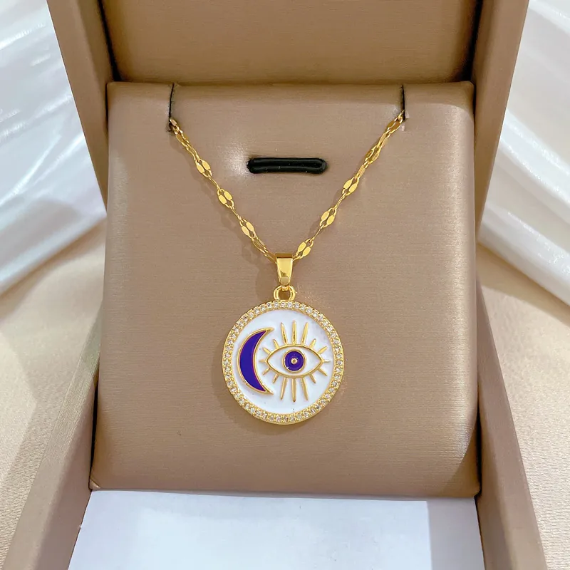 Evil Eye Moon Pendant Necklace Stainless Steel Chain Copper Rhinestone Enamel Round Jewelry For Women Banquet Wedding Light Luxury