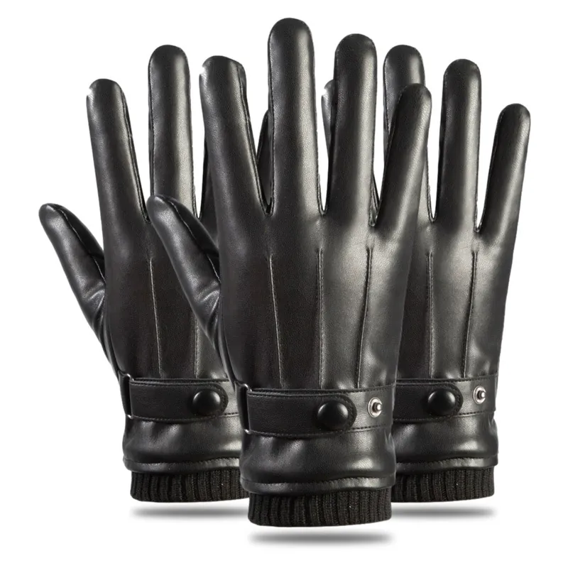 Men Winter PU Leather Gloves Fleece Lined Touchscreen Windproof Warm Outdoor Driving Ribbed Cuffs Buckle Decoration