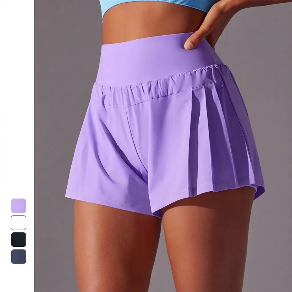 Damen High Waist Falten Sport Shorts Doppellagig Sicher Laufen Fitness Yoga Skort Schnelltrocknend Athletische Gym Workout Hose Unten