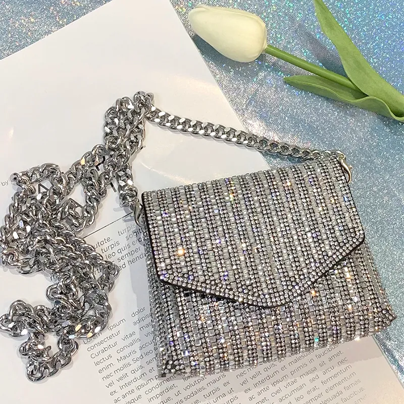 Rhinestone Evening Bag Women Glitter Metal Chain Crossbody Mini Envelope Clutch Party Purse