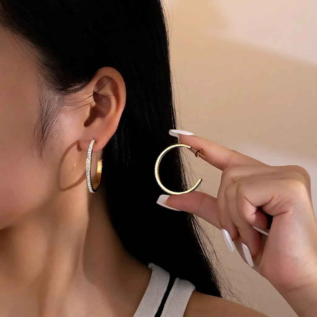 Gold Plated Stainless Steel Hoop Earrings With Zircon Micro Pave C-Shaped Elegant Delicate Fashion Accessory For Women