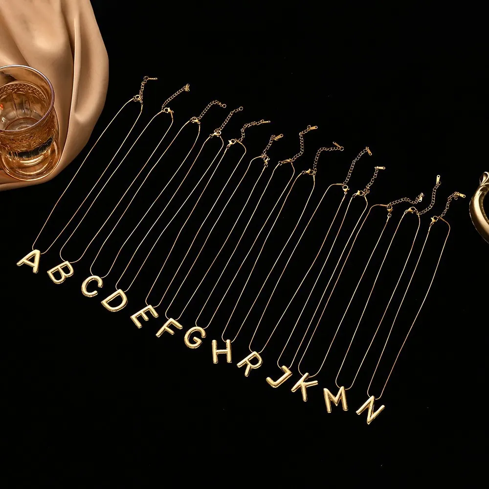 3D Puffy Initial Pendant Necklace Gold Plated Stainless Steel Balloon Letter Alphabet Jewelry Snake Chain For Women